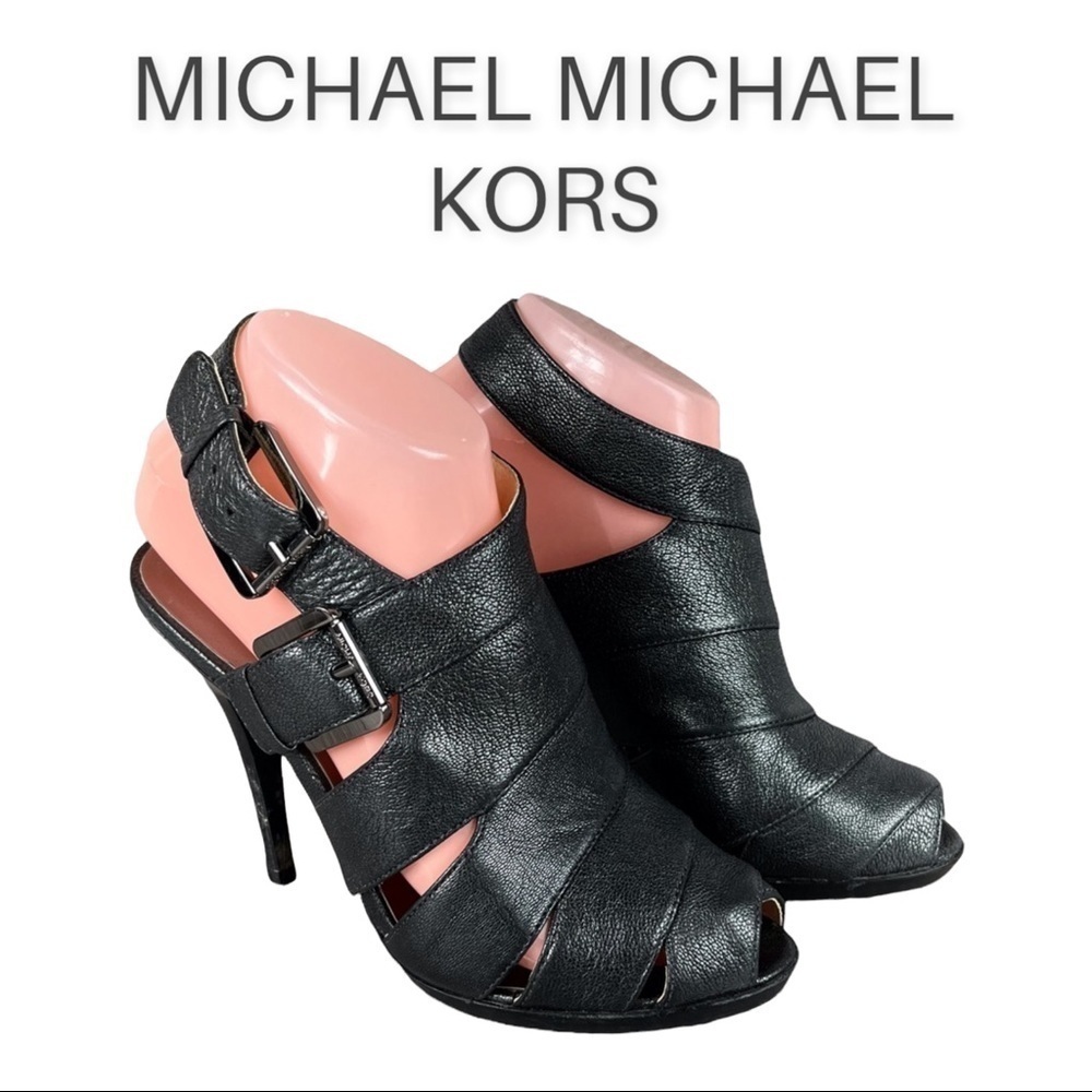 Michael Michael Kors Sz 7 Nora Black Leather Strappy Buckle Heeled Sandals
